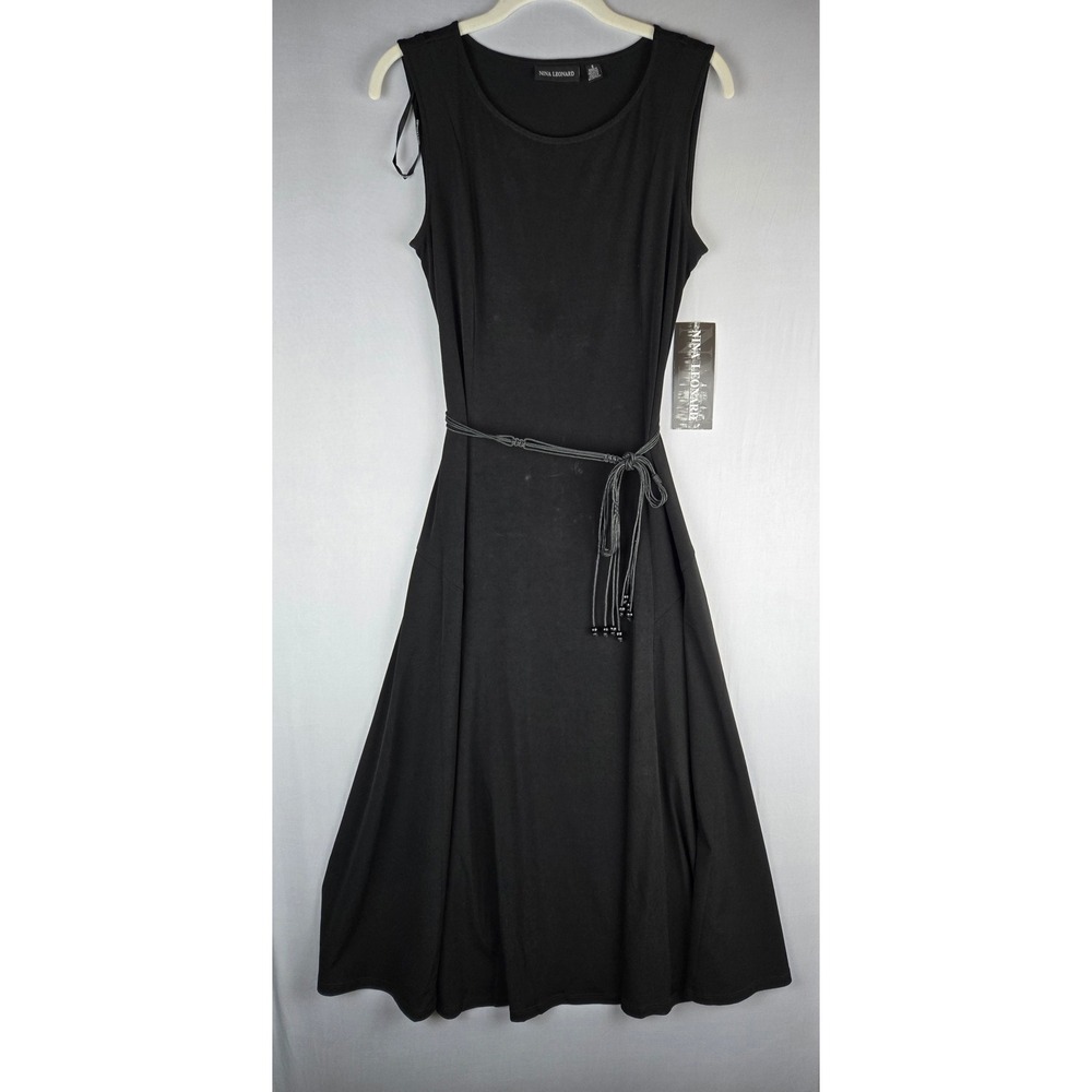 Nina Leonard Black Sleeveless Midi Dress with Beaded Belt Small NWT
